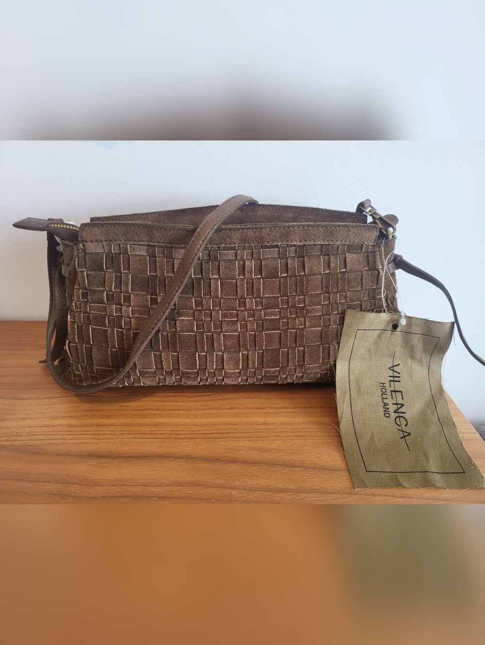Brown Woven Suede Messenger Bag by Vilenca